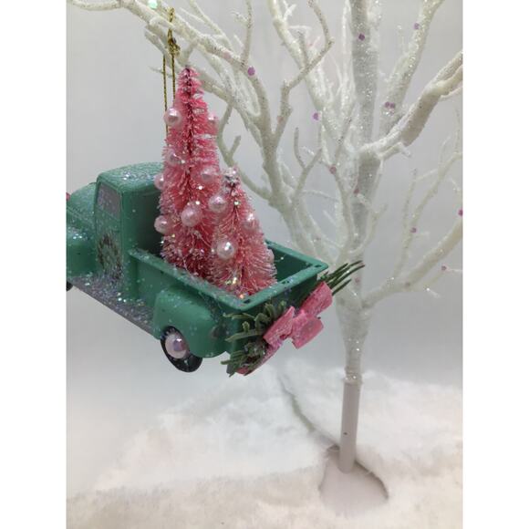 Farmhouse Truck Christmas Ornament -Green Pink Bottle Brush Trees Hand Decorated - Picture 3 of 11